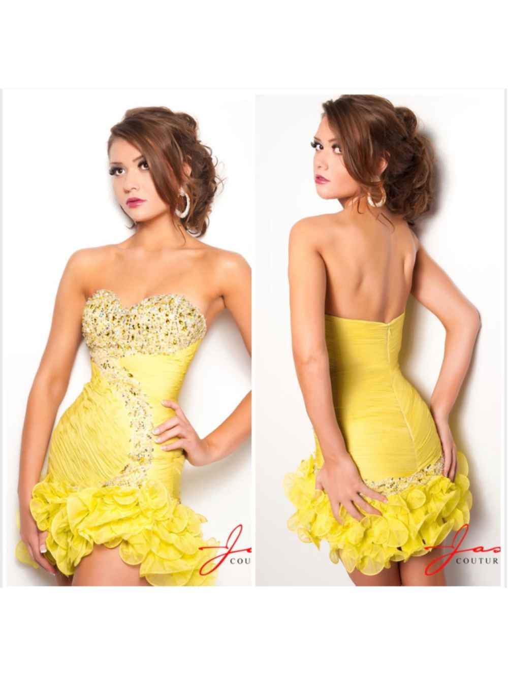 NWT Jasz Couture Strapless Beaded Cocktail Formal Short Dress Yellow Size 4